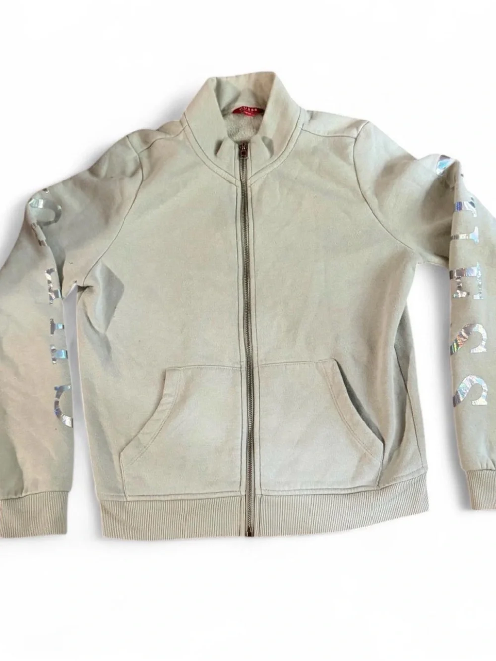 Guess Kids Light Beige Full‑Zip Hoodie with Holographic Sleeve Logos